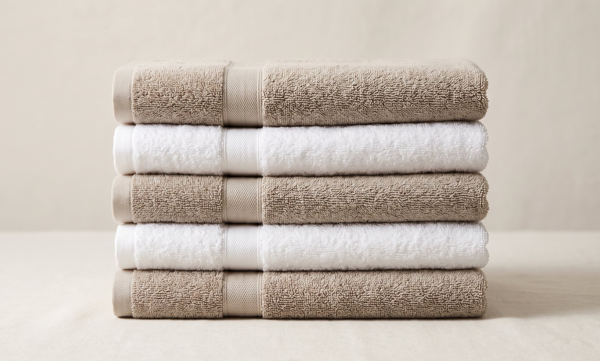 A stack of folded white and stone cotton towels