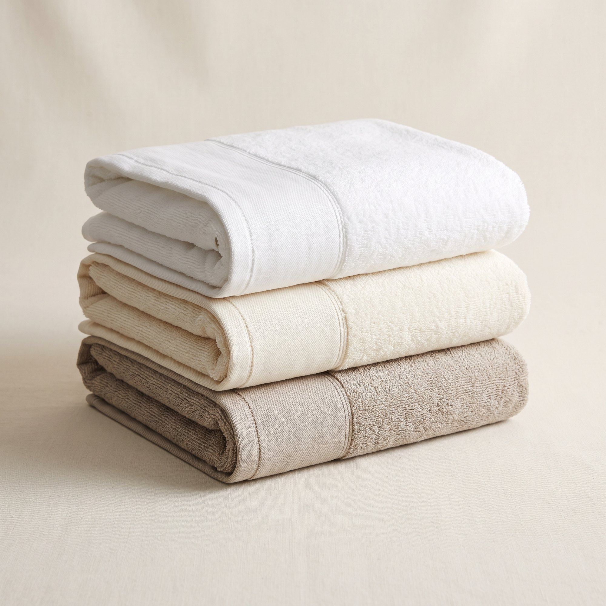 Folded white cotton terry towels, stacked, in soft daylight